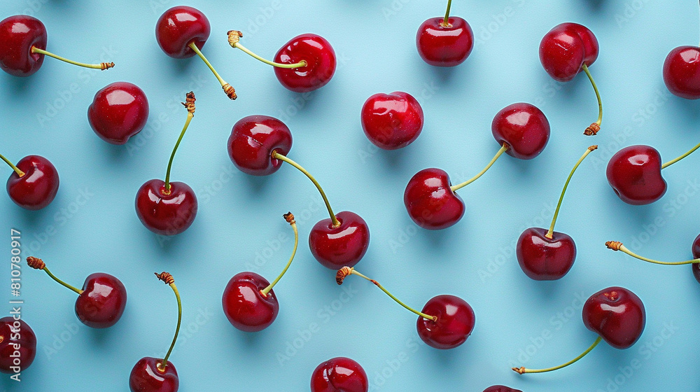 cherry whole, shot from above, making a fun pattern on a bright light blue background, magazine cover photo cherry whole, shot from above, making a fun pattern on a bright light blue background, magazine cover photo