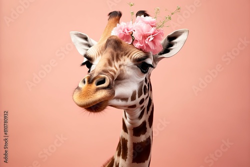 AI generated illustration of a giraffe with floral headband © Wirestock