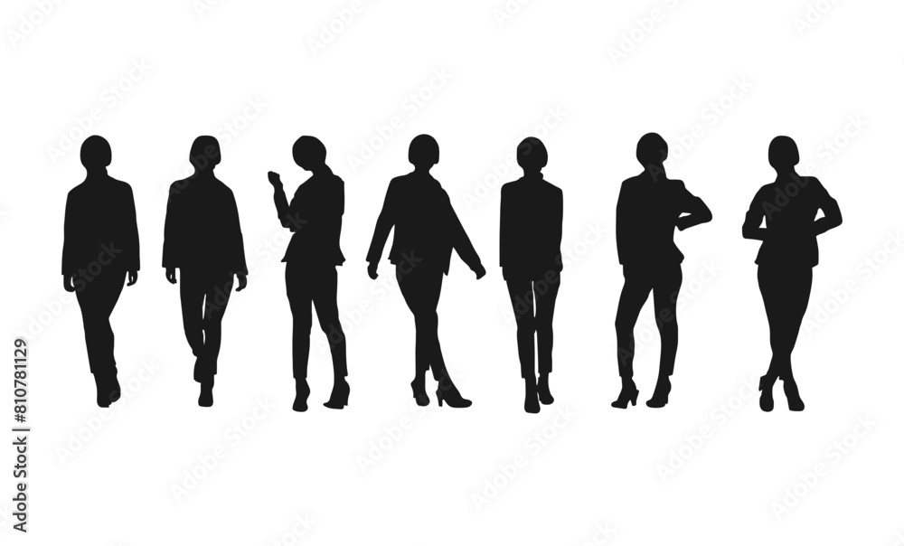 Business Woman Standing set silhouette. Business men and women, group of people at work. Set of businessman vector silhouettes, group of women in formal dress. black color isolated on white background