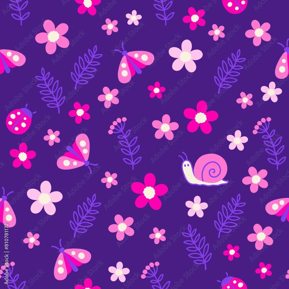 Vector seamless pattern of neon purple flowers and insects at night. Stylized butterflies neon pink and purple colors on a dark background