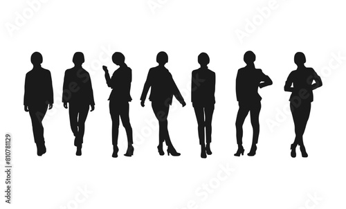 Business Woman Standing set silhouette. Business men and women  group of people at work. Set of businessman vector silhouettes  group of women in formal dress. black color isolated on white background