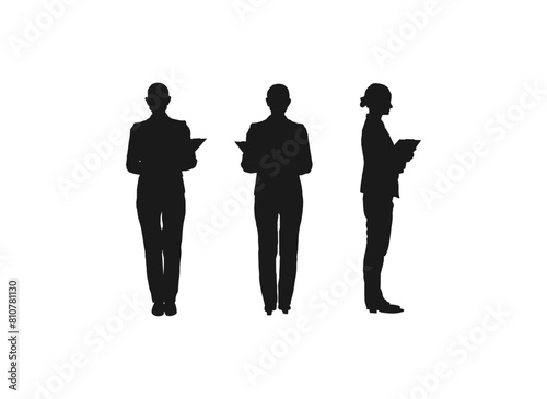 Business Woman Standing set silhouette. Business men and women, group of people at work. Vector silhouettes of men and a women, a group business people. black color isolated on white background.