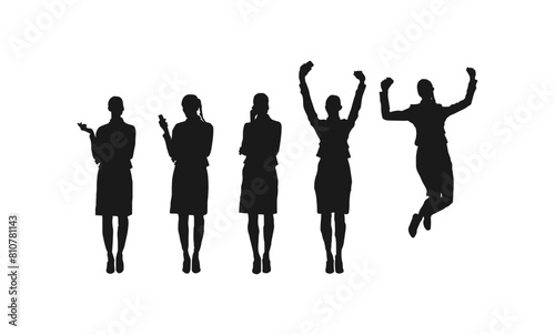 Business Woman Standing set silhouette. Business men and women, group of people at work. Set of businessman vector silhouettes, group of women in formal dress. black color isolated on white background