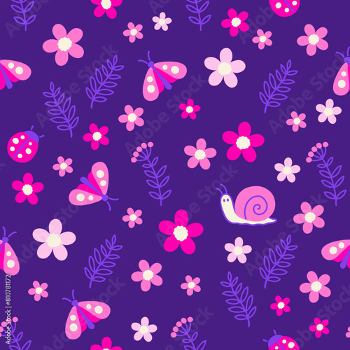 Vector seamless pattern of neon purple flowers and insects at night. Stylized butterflies neon pink and purple colors on a dark background © Nataliia