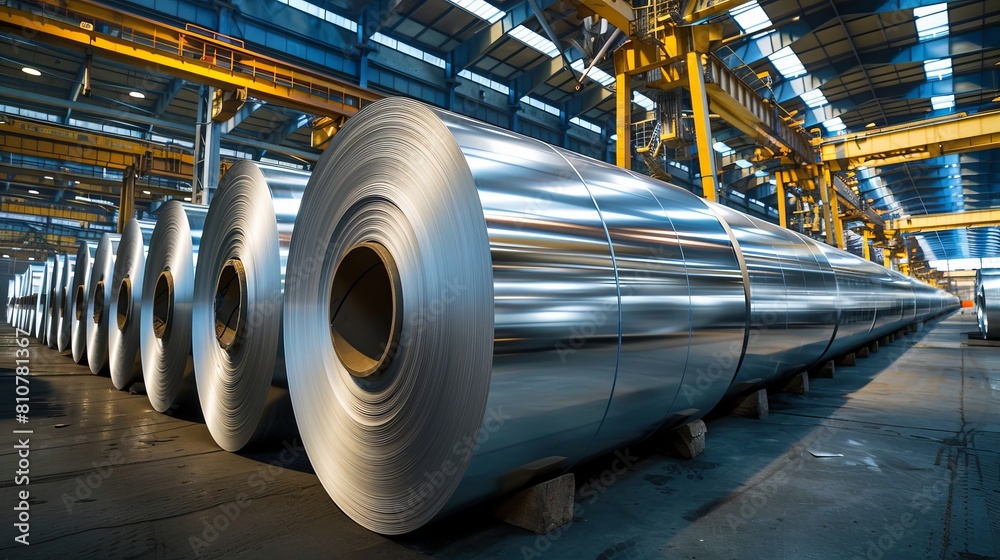 Wide shot of large rolls of aluminum stacked in a processing plant, emphasizing the immense scale of metal storage Wide shot of large rolls of aluminum stacked in a processing plant, emphasizing the immense scale of metal storage