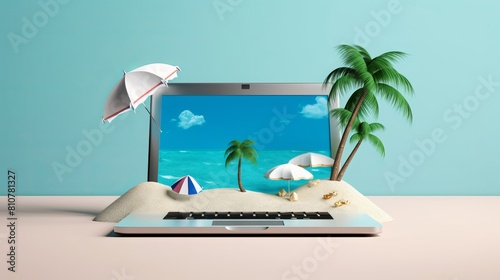 AI generated illustration of a laptop displaying tropical beach scene with umbrella and palm trees