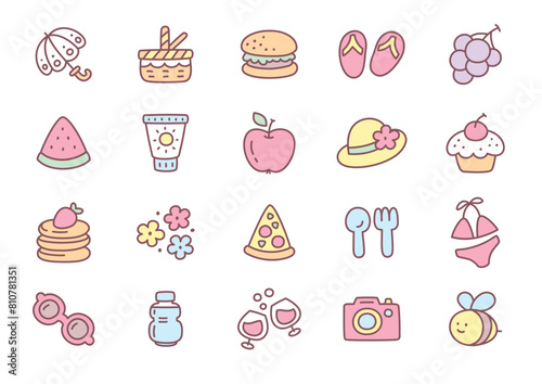 Kawaii picnic icon set. Collection of cute hand drawn summer outdoor party stickers (picnic basket, burger, pancakes, parasol, hat, flip flops) isolated on a white background. Vector 10 EPS.