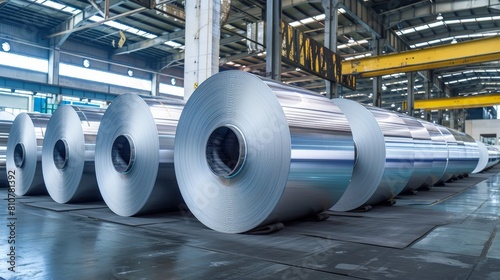 Wide shot of large rolls of aluminum stacked in a processing plant, emphasizing the immense scale of metal storage