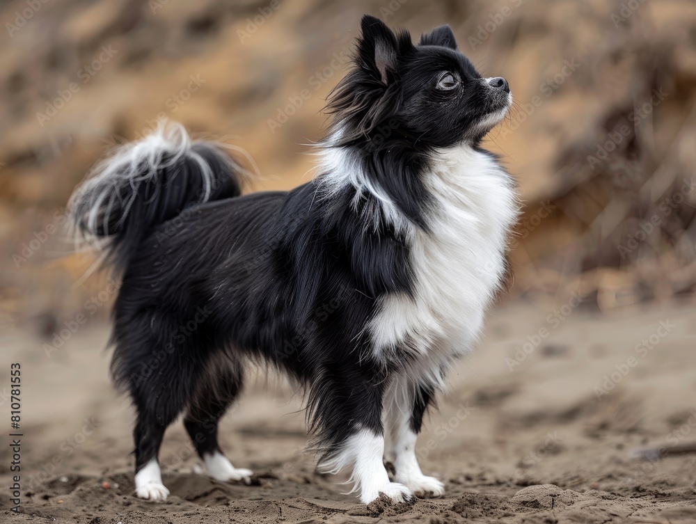 Adorable black and white long-haired chihuahua standing on dirt ground