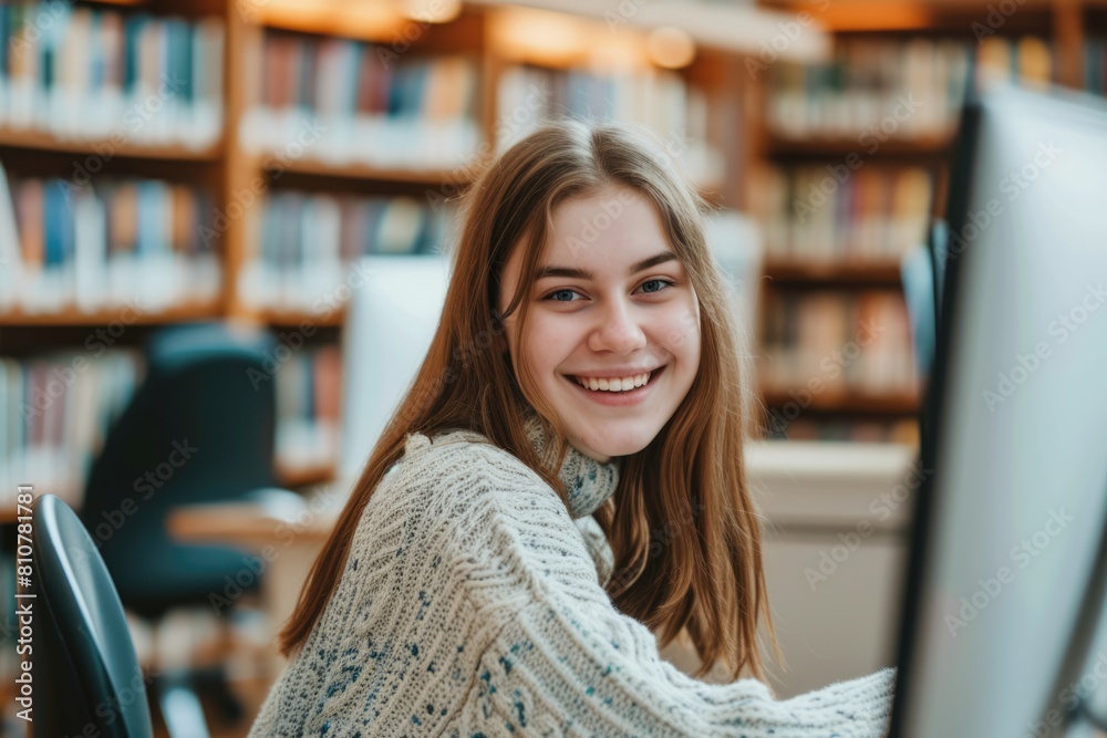Young American woman using computer in library, smiling for photo. Fictional Character Created By Generative AI. Young American woman using computer in library, smiling for photo. Fictional Character Created By Generative AI.