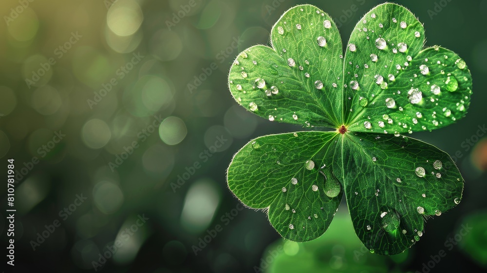 Closeup of a green four-leaf clover with water droplets