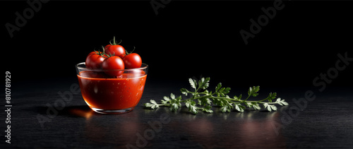 A bowl of tomato sauce with fresh tomatoes on top, placed next to a sprig of parsley on a dark surface.