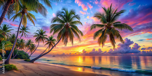 Serene Beach Scene with Palm Trees and Calm Ocean in Pastel Colors Background