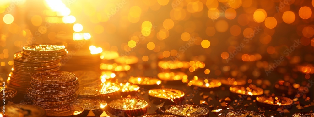 Surreal photo of golden coins with sparkling lights in the background, stacked in piles and scattered around, creating an atmosphere of wealth and opulence.