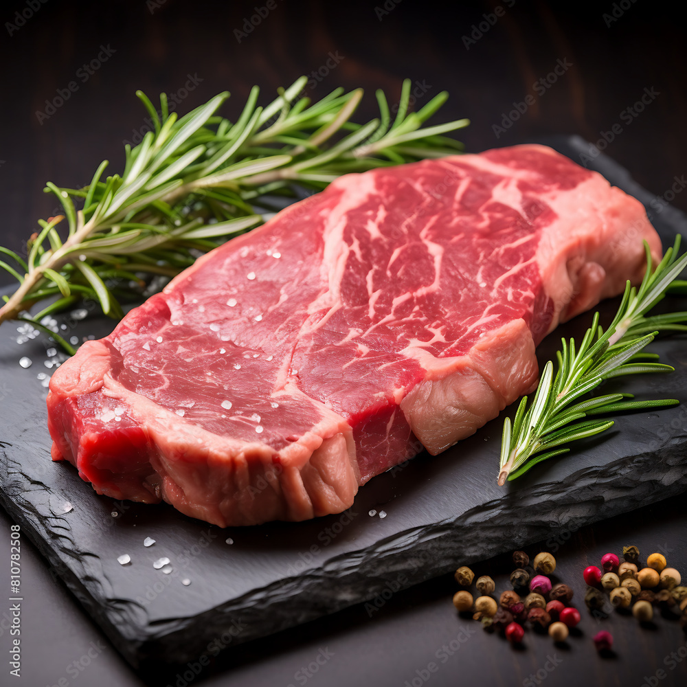 Raw beef steak with rosemary and spices on wooden cutting board. Raw beef steak with rosemary and spices on wooden cutting board.