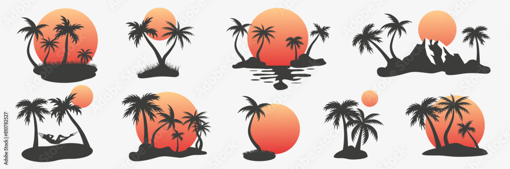 Tropical set. Silhouettes of palm trees on the island. Waiting for summer. The sea and the beach.