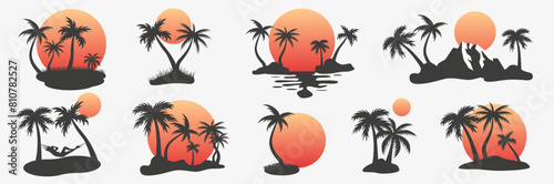 Tropical set. Silhouettes of palm trees on the island. Waiting for summer. The sea and the beach.