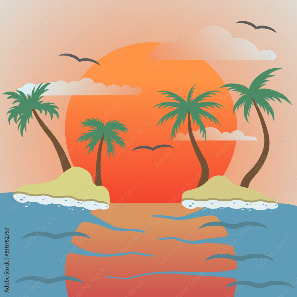 A peaceful view of the sunset. Palm trees on the island. Tropical relaxation. Summer season.