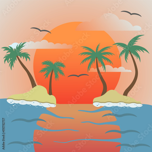 A peaceful view of the sunset. Palm trees on the island. Tropical relaxation. Summer season.