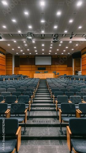 Interior of a modern lecture hall with tiered seating, equipped with ergonomic chairs and fold-out desks