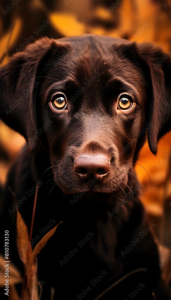 Portrait of a Black Labrador Puppy with Autumn Leaves Background
