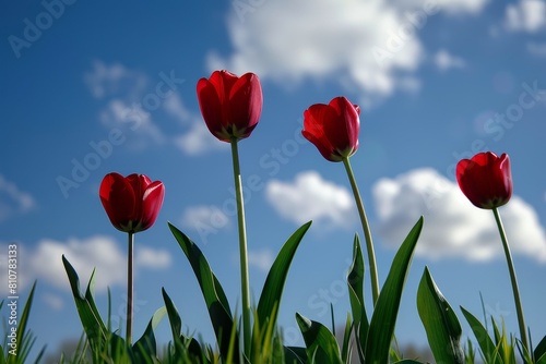 Vibrant red tulips blooming in a field under a blue sky #810783133