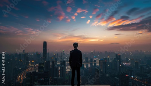 a businessman standing on the edge of a cityview overlook