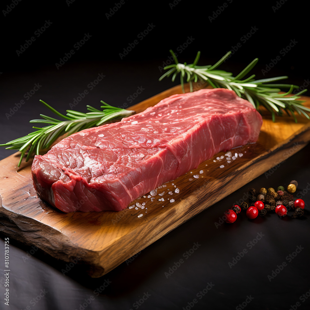 Raw beef steak with rosemary and peppercorns on cutting board