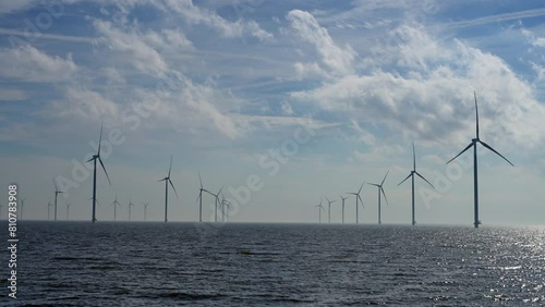Windturbine field, lockshot, in Lake IJssel of the Netherlands, Europe photo