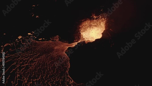 A volcano in Iceland spewing out lava at night. photo