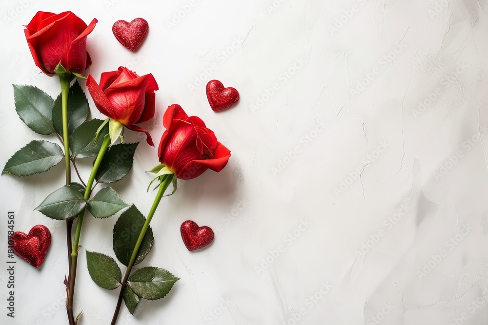 romantic red roses and glittery hearts on a light background romantic red roses and glittery hearts on a light background