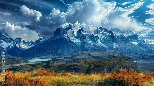 A dramatic view of the Patagonian landscape, featuring rugged mountains, icy blue glaciers, and wild steppes under a stormy sky photo