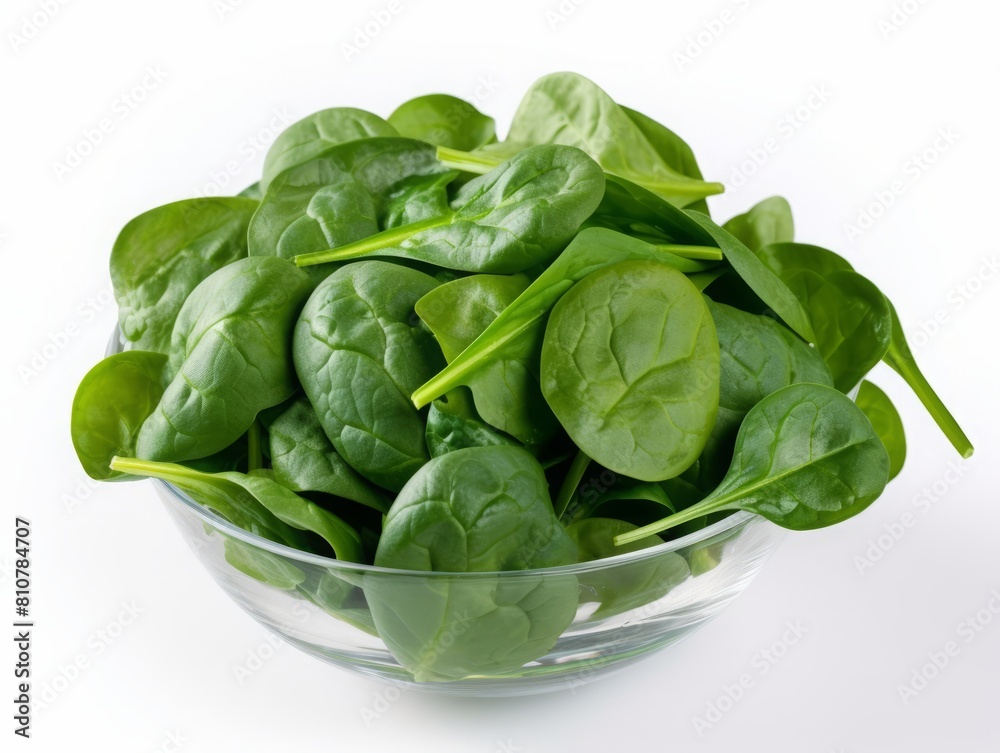 AI generated illustration of spinach leaves in a clear glass bowl on a white background AI generated illustration of spinach leaves in a clear glass bowl on a white background