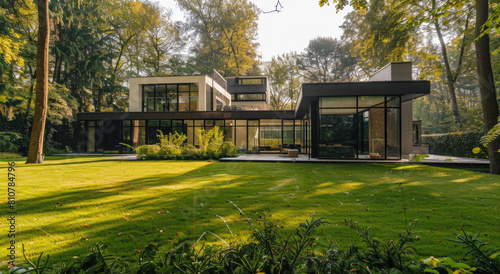 A modern two-story house with large windows and an open terrace, surrounded by lush green grass under the bright sun.
