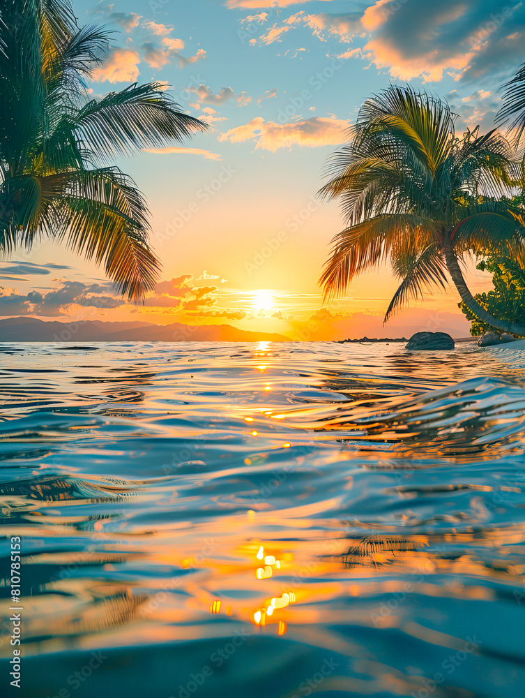 Tropical beach sunset with gentle waves