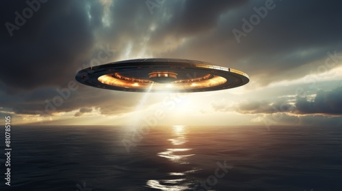 Large unidentified flying object hovers above water.