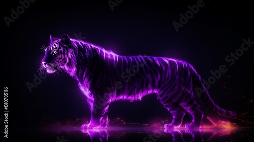 Purple neon tiger walking in the dark. © kitinut