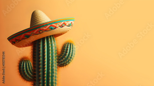 Sombrero on cactus in a bright orange backdrop  Cinco de Mayo and Mexican design concept