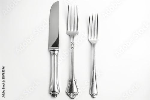 Elegant silver knife  fork  and spoon isolated on a white backdrop  symbolizing dining etiquette