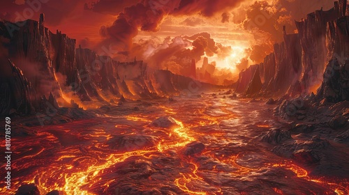 Craft a menacing side view of Hells fiery depths, featuring towering obsidian cliffs, swirling lava rivers, and ominous red skies, rendered in hyper-realistic digital art