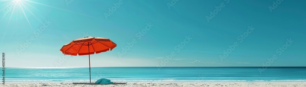 A simple, minimalist beach scene with a single umbrella and towel on the sand under a bright sun A simple, minimalist beach scene with a single umbrella and towel on the sand under a bright sun
