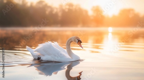 Tranquil White Swan Gliding on Evening Lake - Captured Up Close.