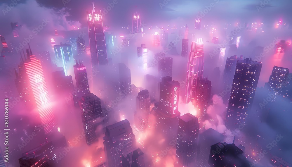 Craft a surreal tilted angle view of a futuristic cityscape shrouded in neon lights and dense fog Utilize CG 3D rendering to maximize the enigmatic atmosphere Craft a surreal tilted angle view of a futuristic cityscape shrouded in neon lights and dense fog Utilize CG 3D rendering to maximize the enigmatic atmosphere