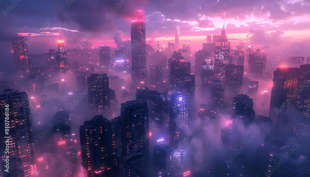 Craft a surreal tilted angle view of a futuristic cityscape shrouded in neon lights and dense fog Utilize CG 3D rendering to maximize the enigmatic atmosphere