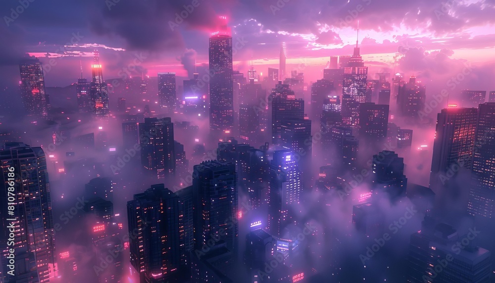 Craft a surreal tilted angle view of a futuristic cityscape shrouded in neon lights and dense fog Utilize CG 3D rendering to maximize the enigmatic atmosphere Craft a surreal tilted angle view of a futuristic cityscape shrouded in neon lights and dense fog Utilize CG 3D rendering to maximize the enigmatic atmosphere