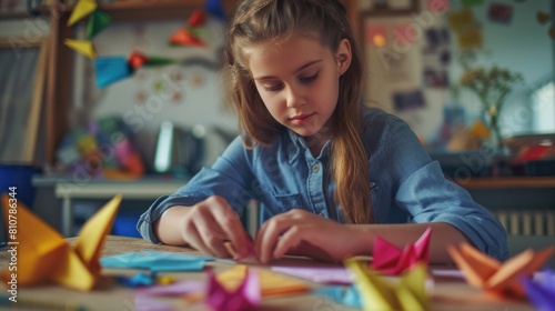 American Girl Folding Paper Craft in Room, Preparation for Origami Convention Exhibition. Fictional Character Created By Generative AI. 