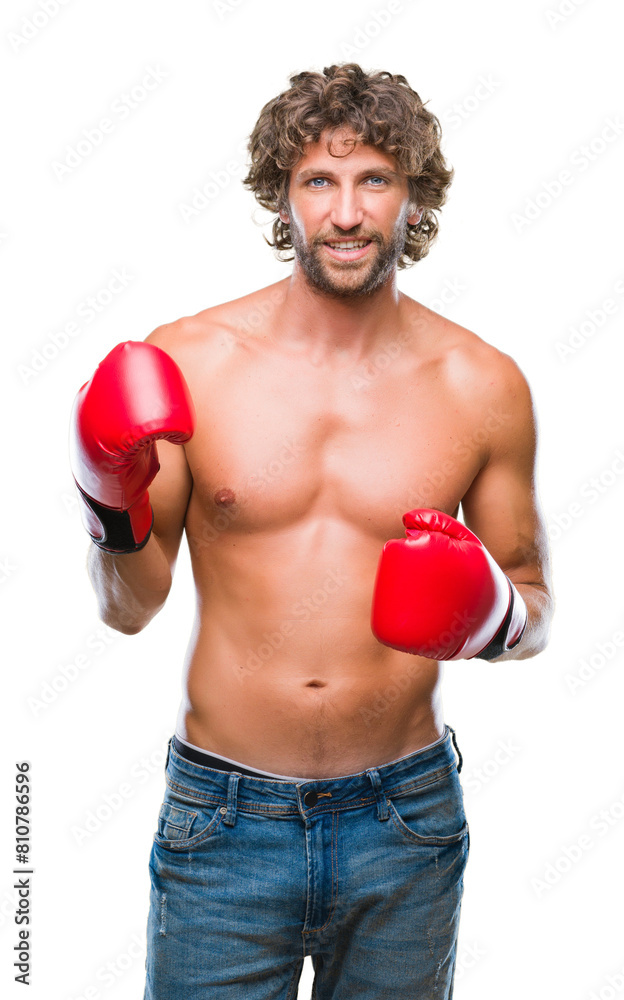 Handsome hispanic boxer man wearing boxing gloves over isolated background with a happy and cool smile on face. Lucky person. Handsome hispanic boxer man wearing boxing gloves over isolated background with a happy and cool smile on face. Lucky person.