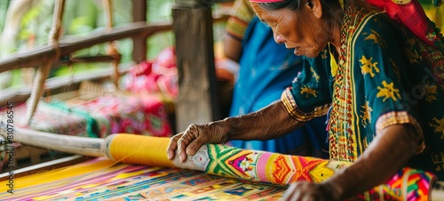 Indigenous people weave native clothing, Thai culture. 
