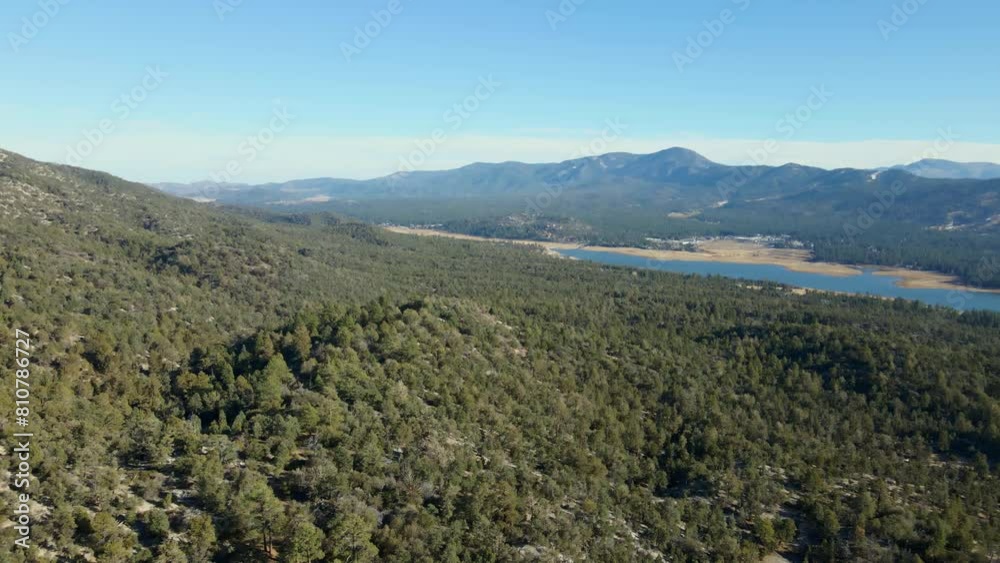 Aerial View Over Mountainous Forest Along Big Bear Lake In California On Sunny Day Aerial View Over Mountainous Forest Along Big Bear Lake In California On Sunny Day