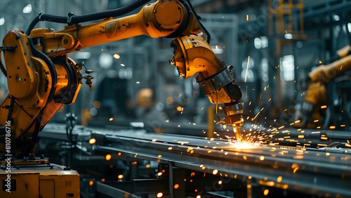 Robotic arm performs welding in industry. photo